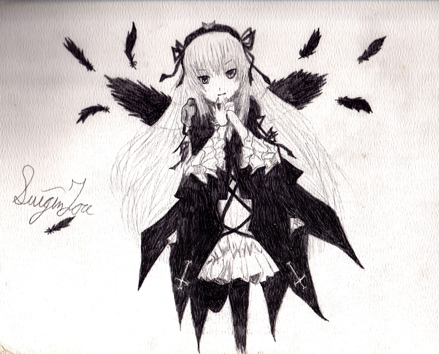1girl bird blush feathers greyscale hairband image long_hair long_sleeves looking_at_viewer monochrome ribbon solo suigintou traditional_media wings