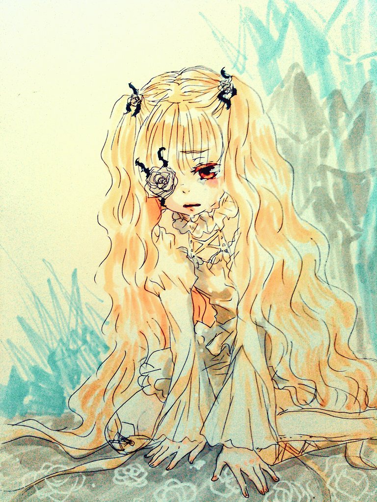 1girl blonde_hair dress eyepatch flower image kirakishou long_hair red_eyes rose sitting solo tears traditional_media very_long_hair watercolor_(medium) wavy_hair