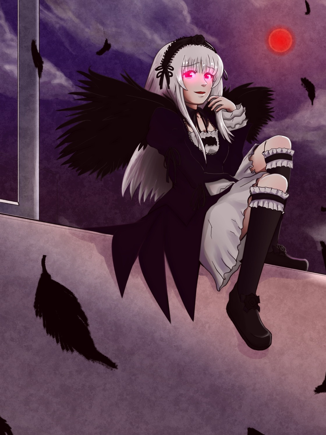 1girl black_wings boots dress feathered_wings feathers flower frilled_sleeves frills full_moon hairband image long_hair long_sleeves looking_at_viewer moon pink_eyes rose silver_hair sitting sky smile solo suigintou wings