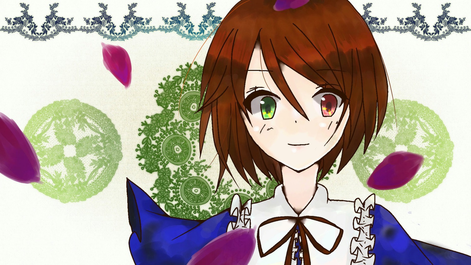 auto_tagged brown_hair green_eyes heterochromia image looking_at_viewer neck_ribbon red_eyes ribbon short_hair smile solo souseiseki suiseiseki