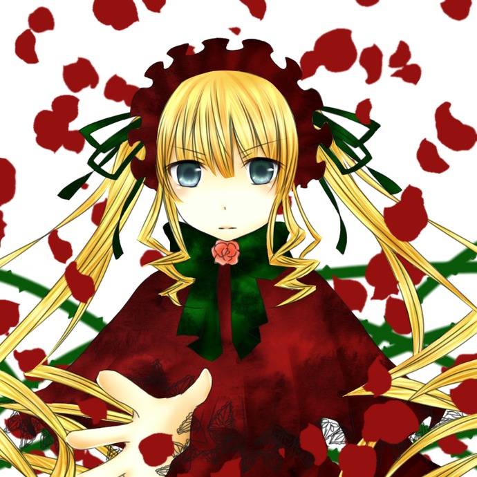 1girl auto_tagged blonde_hair blue_eyes bonnet bow bowtie dress drill_hair flower green_bow image long_hair long_sleeves looking_at_viewer petals red_flower rose shinku solo twintails