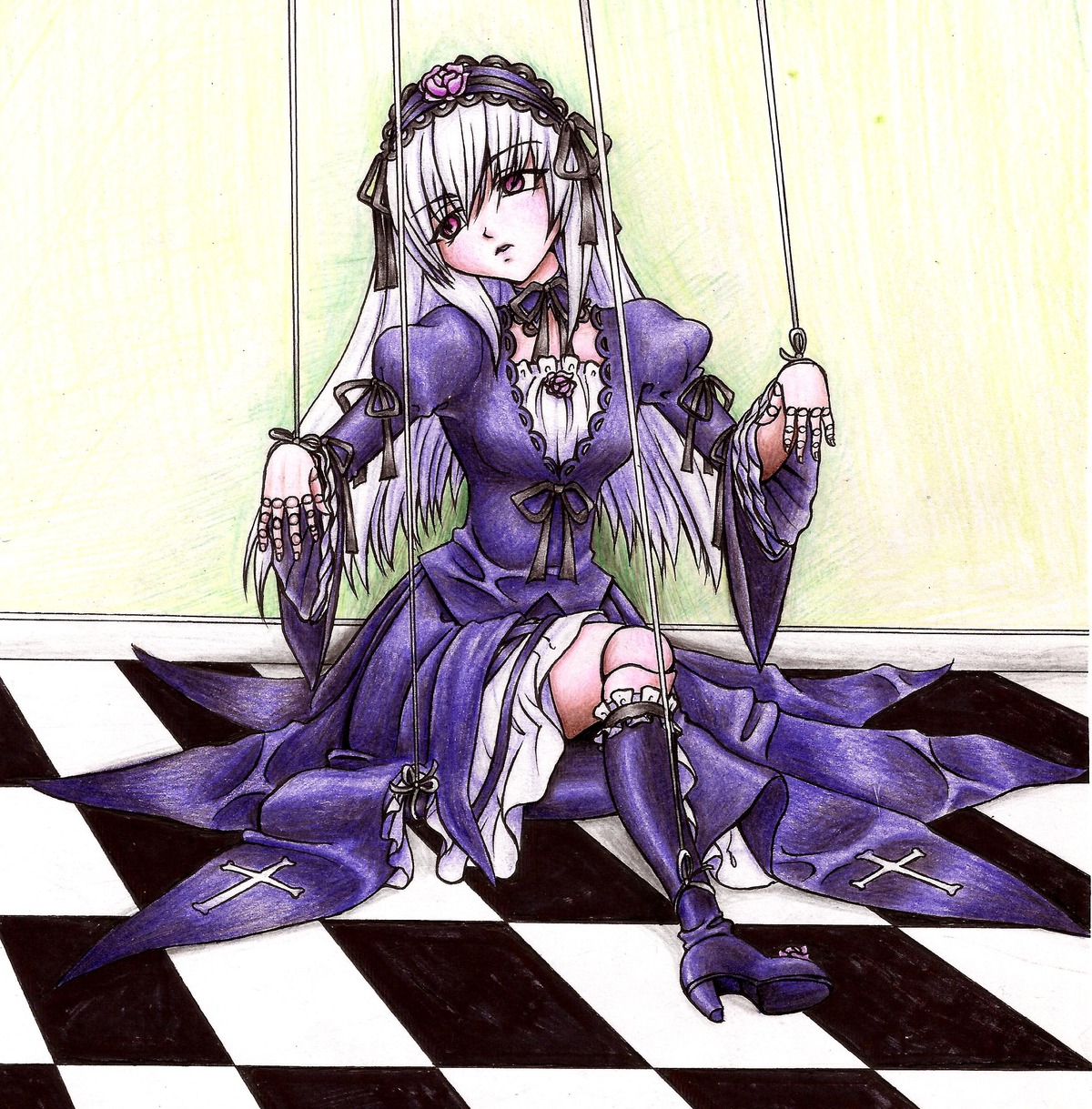 1girl argyle argyle_background argyle_legwear bathroom board_game chair checkerboard_cookie checkered checkered_background checkered_floor checkered_kimono checkered_scarf checkered_skirt chess_piece cookie diamond_(shape) dress flag floor frills hairband image knight_(chess) lolita_hairband long_hair on_floor perspective pink_eyes plaid_background puffy_sleeves race_queen reflection reflective_floor sitting solo suigintou tile_floor tile_wall tiles traditional_media vanishing_point white_hair wings