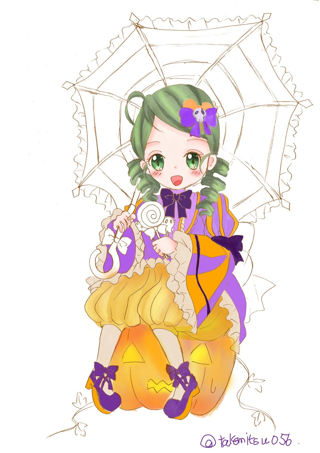 1girl black_umbrella bow candy drill_hair flower food frills full_body green_eyes green_hair hair_ornament holding holding_umbrella hydrangea image kanaria lollipop long_sleeves open_mouth parasol purple_umbrella rain red_umbrella shared_umbrella smile solo striped transparent transparent_umbrella twin_drills twitter_username umbrella white_background