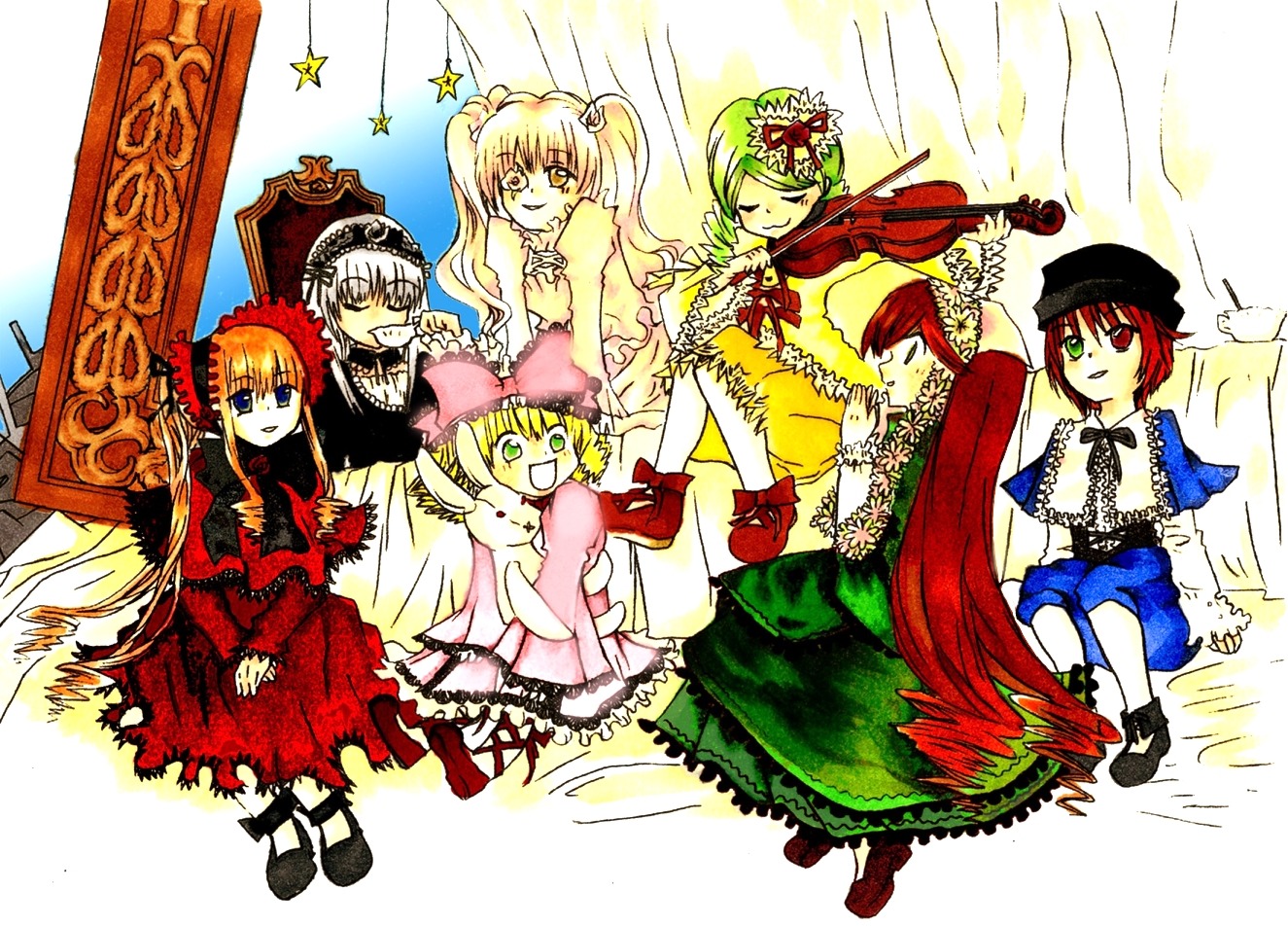 6+girls black_wings blonde_hair blue_eyes bow brown_hair dress frills hat heterochromia hina_ichigo image long_hair long_sleeves looking_at_viewer multiple multiple_girls pink_bow red_dress shinku siblings silver_hair sisters souseiseki suigintou suiseiseki tagme twins twintails very_long_hair wings