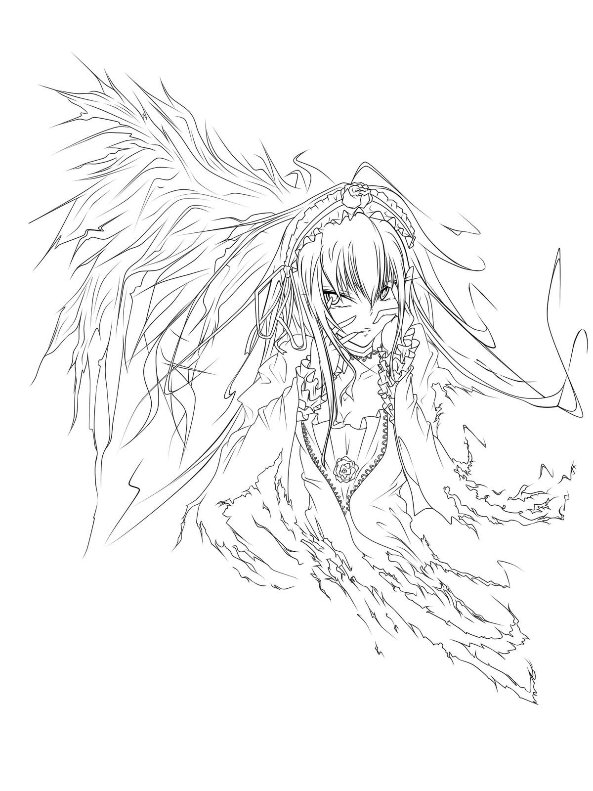 1girl breasts greyscale image long_hair monochrome solo suigintou torn_clothes wings