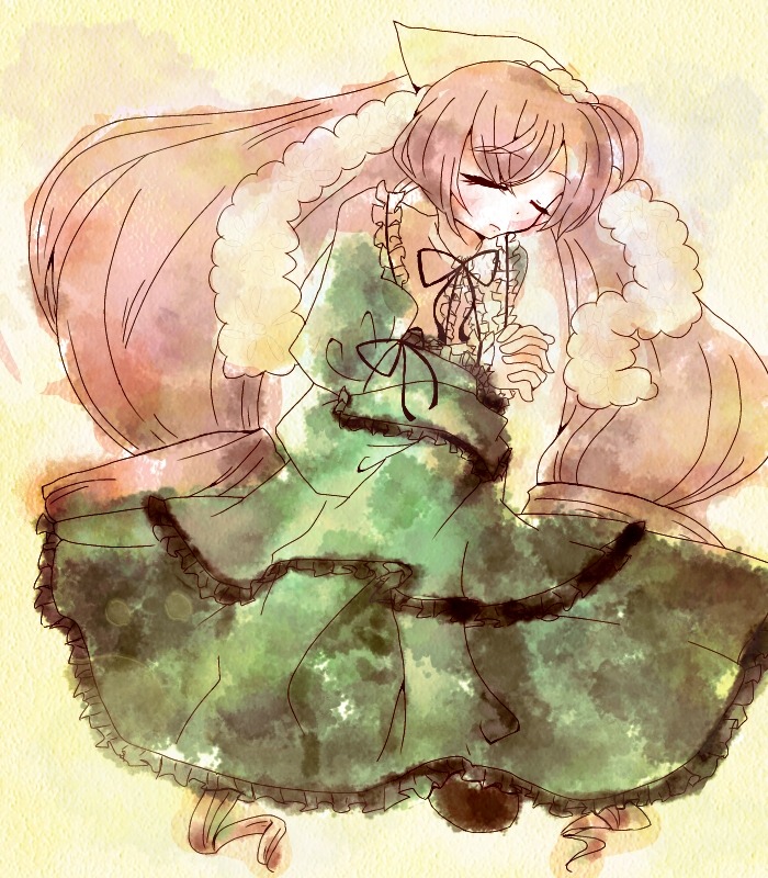 1girl closed_eyes dress drill_hair frills green_dress hat image long_hair long_sleeves solo suiseiseki very_long_hair