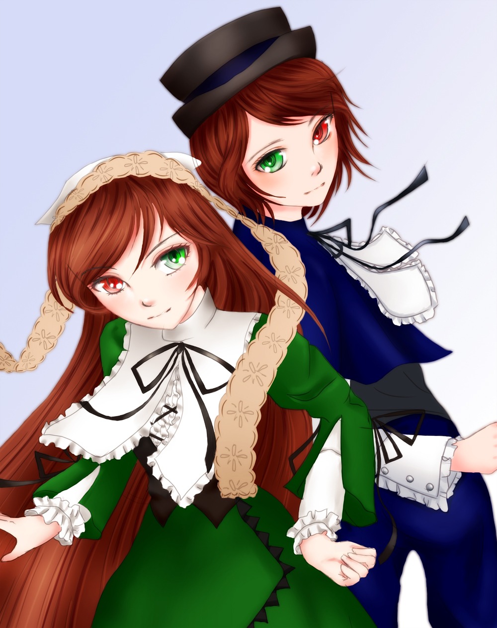 2girls brown_hair dress frills green_dress green_eyes hat heterochromia image long_hair long_sleeves looking_at_viewer multiple_girls pair red_eyes short_hair siblings sisters smile souseiseki suiseiseki top_hat twins very_long_hair