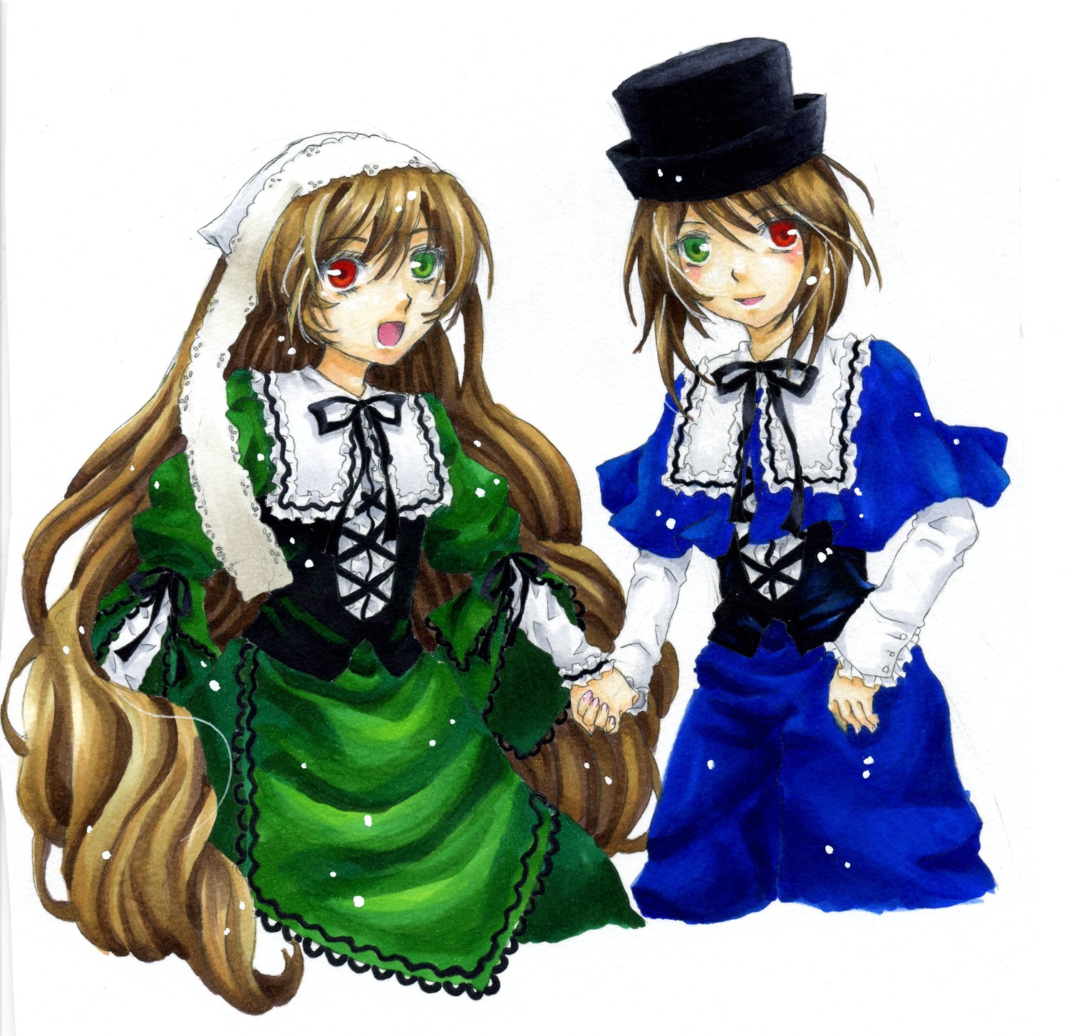 2girls :d blue_dress brown_hair dress frills green_dress green_eyes hat head_scarf heterochromia holding_hands image long_hair long_sleeves looking_at_viewer multiple_girls open_mouth pair red_eyes short_hair siblings simple_background sisters smile souseiseki suiseiseki top_hat twins very_long_hair white_background