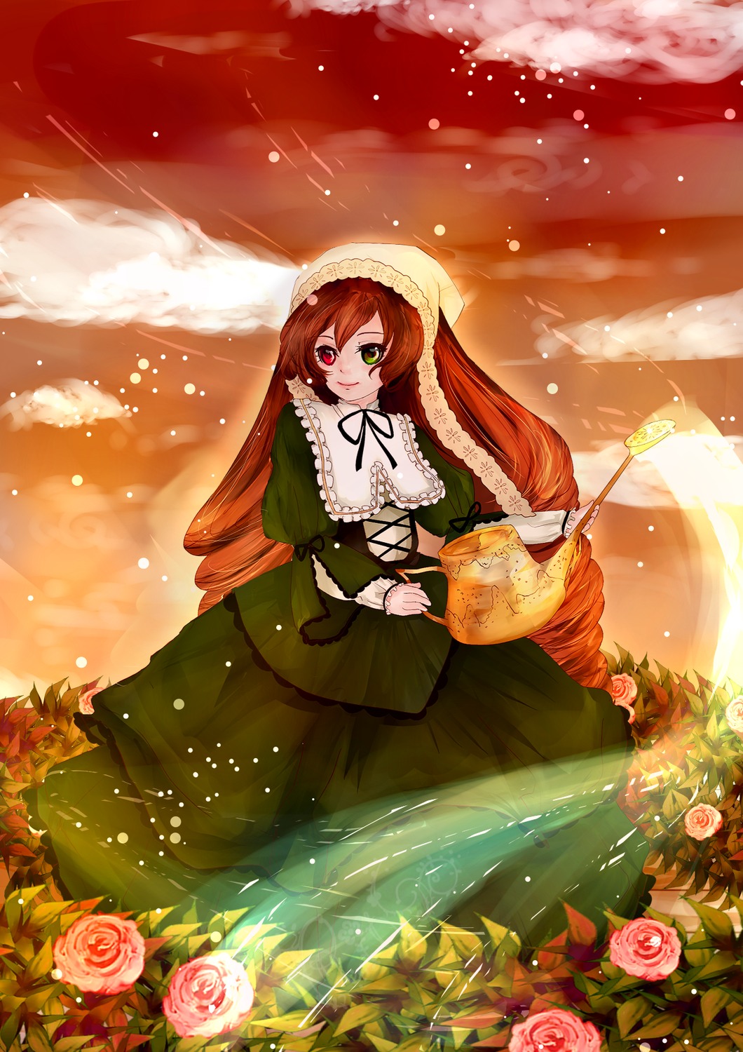 1girl brown_hair dress flower frills green_eyes heterochromia image long_hair long_sleeves orange_flower pink_flower pink_rose purple_rose red_eyes red_flower red_rose rose sky solo suiseiseki twintails very_long_hair watering_can wings yellow_flower yellow_rose