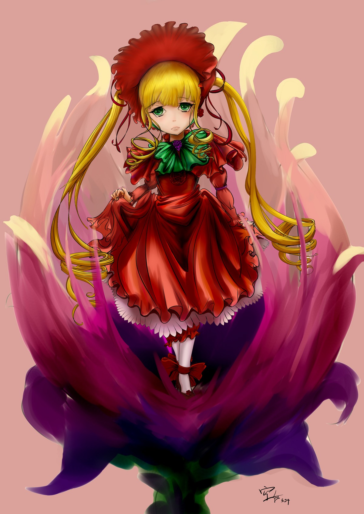 1girl blonde_hair bonnet bow dress frills full_body green_eyes image long_hair long_sleeves looking_at_viewer red_dress ribbon shinku solo standing twintails