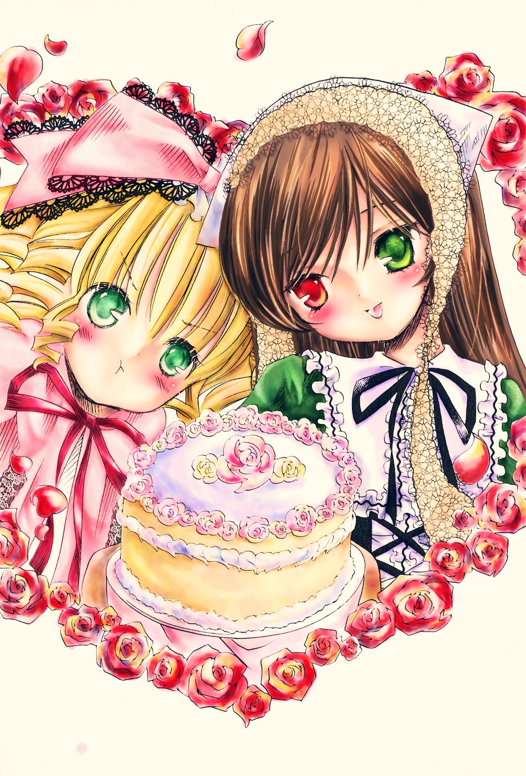 2girls blonde_hair blush brown_hair dress flower green_eyes hat head_scarf heterochromia hina_ichigo hinaichigo image long_hair long_sleeves looking_at_viewer multiple_girls open_mouth pair pink_flower pink_rose red_eyes red_flower red_rose rose siblings sisters smile souseiseki suiseiseki twins