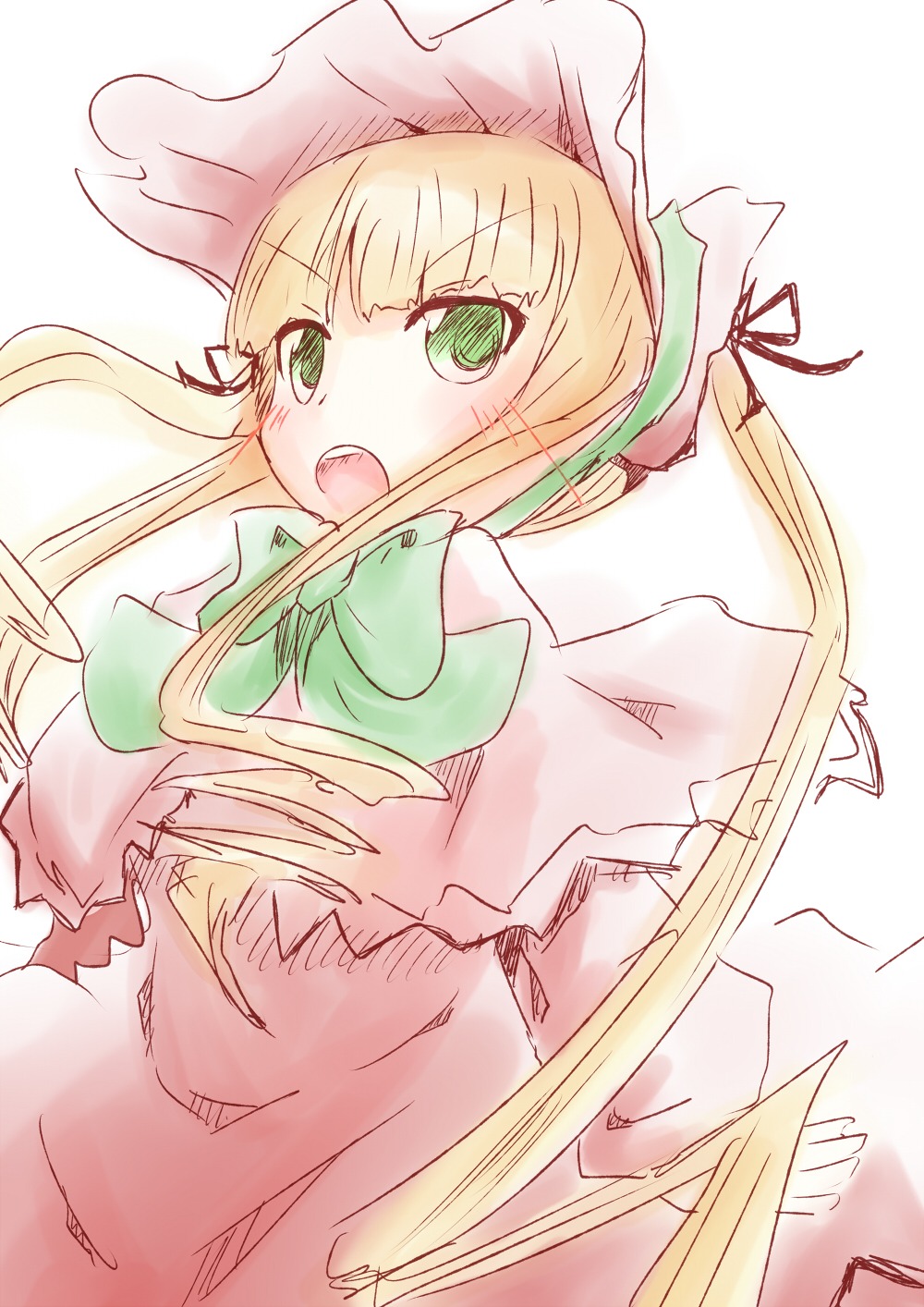 1girl bangs blonde_hair blush bow capelet dress green_eyes image long_hair long_sleeves open_mouth shinku solo