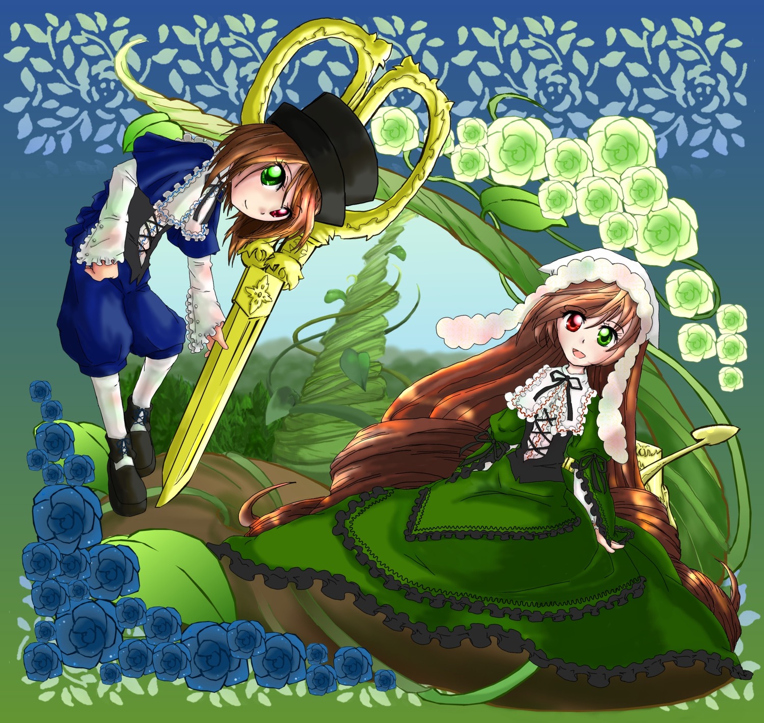 2girls blue_flower blue_rose brown_hair dress flower frills green_dress green_eyes hat heterochromia image long_hair long_sleeves looking_at_viewer multiple_girls pair red_eyes rose scissors short_hair siblings sisters souseiseki suiseiseki twins very_long_hair watering_can