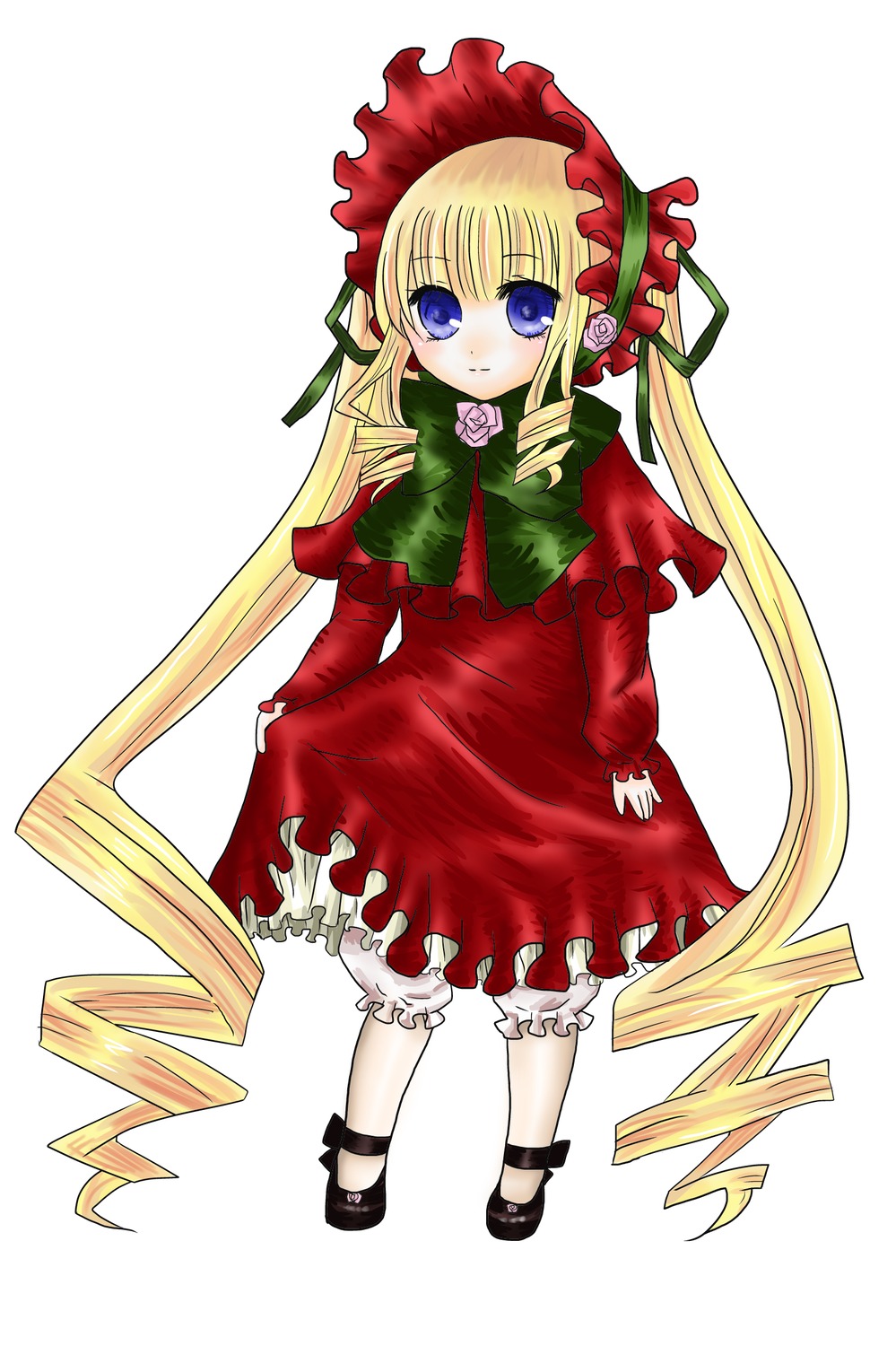 1girl blonde_hair bloomers blue_eyes bonnet bow bowtie dress drill_hair full_body green_bow long_hair long_sleeves looking_at_viewer red_dress shinku shoes simple_background solo standing twintails underwear very_long_hair white_background