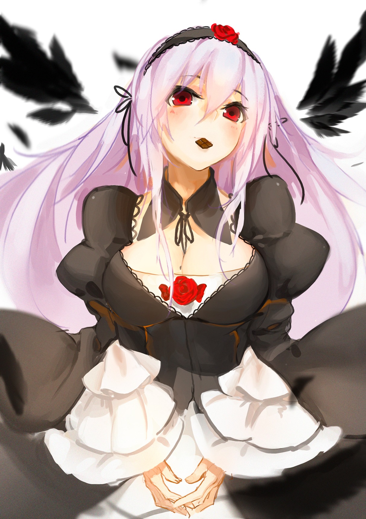 1girl blurry blush breasts cleavage depth_of_field dress feathers flower hairband image juliet_sleeves lolita_fashion lolita_hairband long_hair long_sleeves looking_at_viewer puffy_sleeves red_eyes red_flower red_rose rose solo suigintou