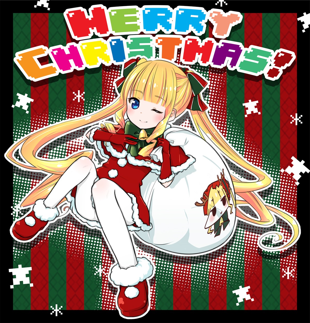 1girl argyle argyle_background bangs blonde_hair blue_eyes blush checkered checkered_background checkered_floor hair_ribbon image long_hair one_eye_closed pantyhose red_footwear ribbon shinku smile solo twintails very_long_hair