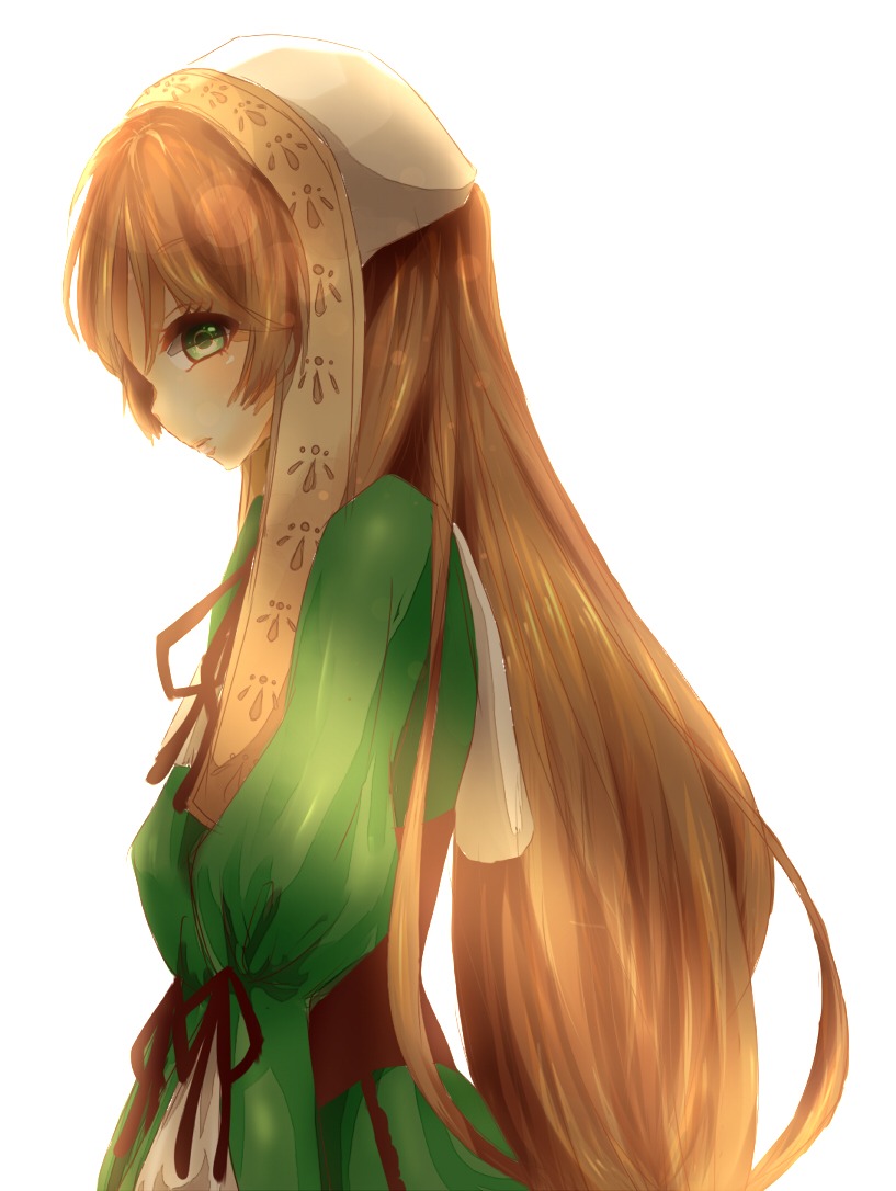 1girl arms_behind_back bangs closed_mouth dress from_side green_dress green_eyes image long_hair long_sleeves looking_at_viewer ribbon simple_background solo striped suiseiseki tears very_long_hair white_background