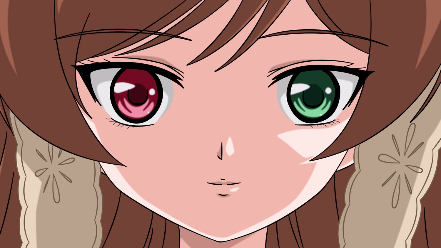 1girl bangs brown_hair close-up closed_mouth eyelashes face green_eyes image long_hair looking_at_viewer portrait smile solo suiseiseki