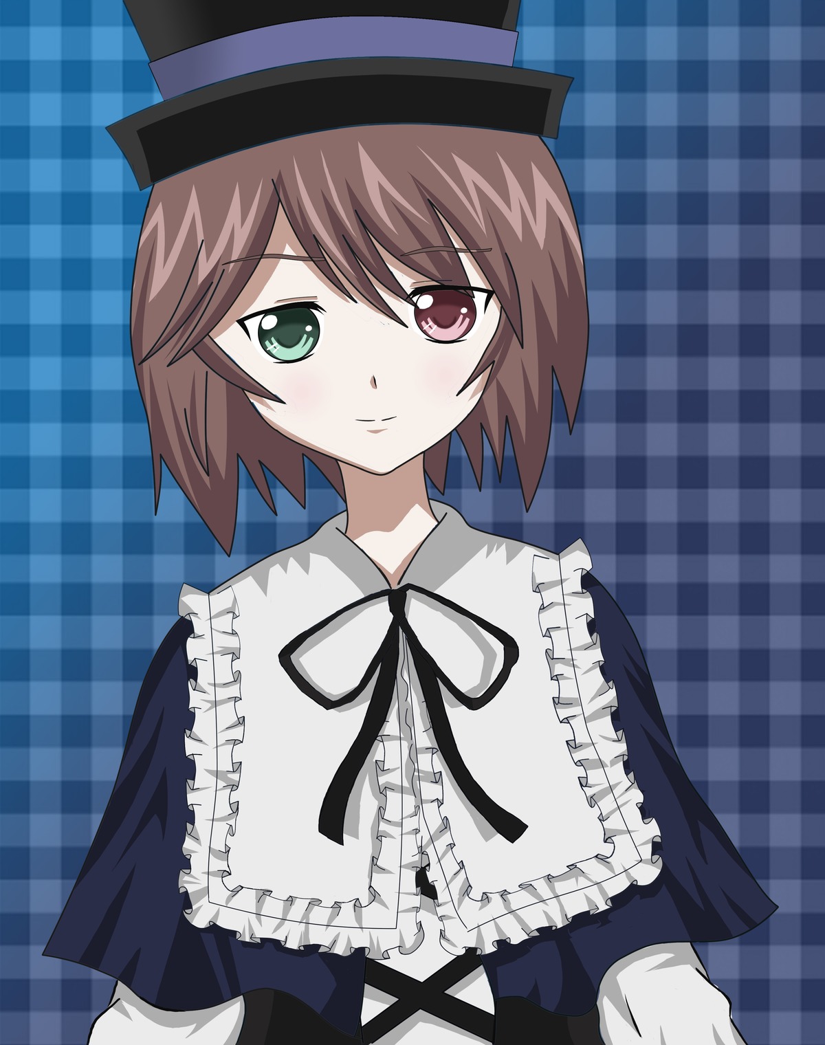 1girl argyle argyle_background blush brown_hair checkered checkered_background checkered_floor frills green_eyes hat heterochromia image long_sleeves looking_at_viewer plaid plaid_background plaid_dress ribbon short_hair solo souseiseki top_hat upper_body