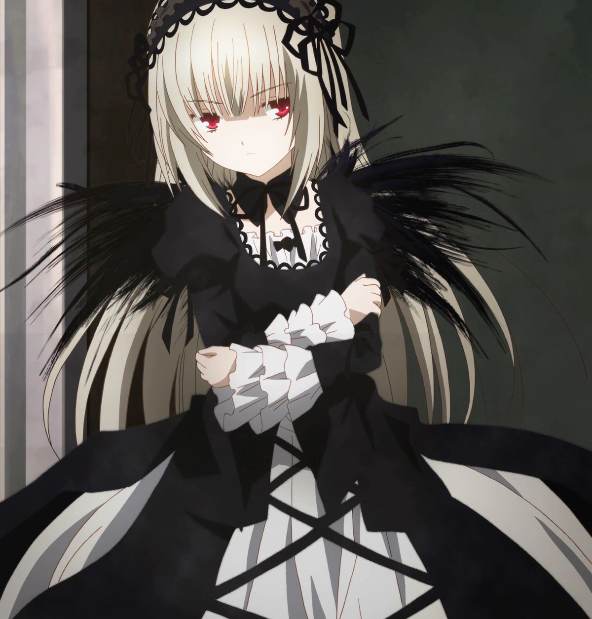 1girl black_dress black_wings closed_mouth dress expressionless frills hairband image long_hair long_sleeves looking_at_viewer red_eyes ribbon rose silver_hair solo suigintou very_long_hair wings