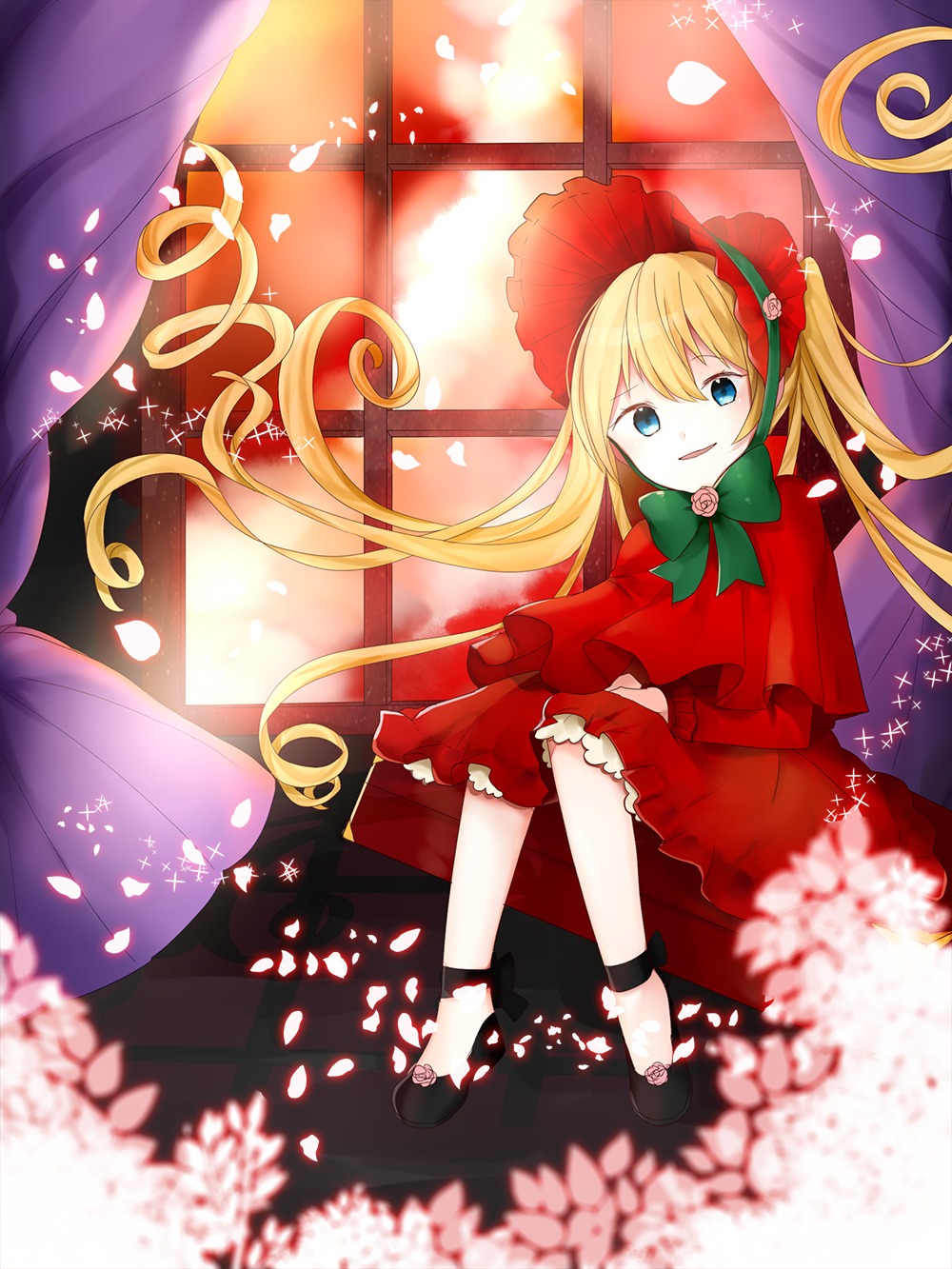 1girl blonde_hair blue_eyes blurry bow bowtie capelet curtains depth_of_field dress flower green_bow image long_hair looking_at_viewer petals red_capelet red_dress shinku sitting solo twintails very_long_hair window