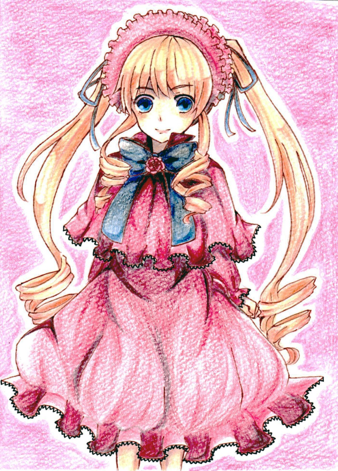 1girl blonde_hair blue_eyes bonnet bow bowtie capelet dress drill_hair frills image long_hair long_sleeves looking_at_viewer shinku smile solo standing twin_drills twintails very_long_hair