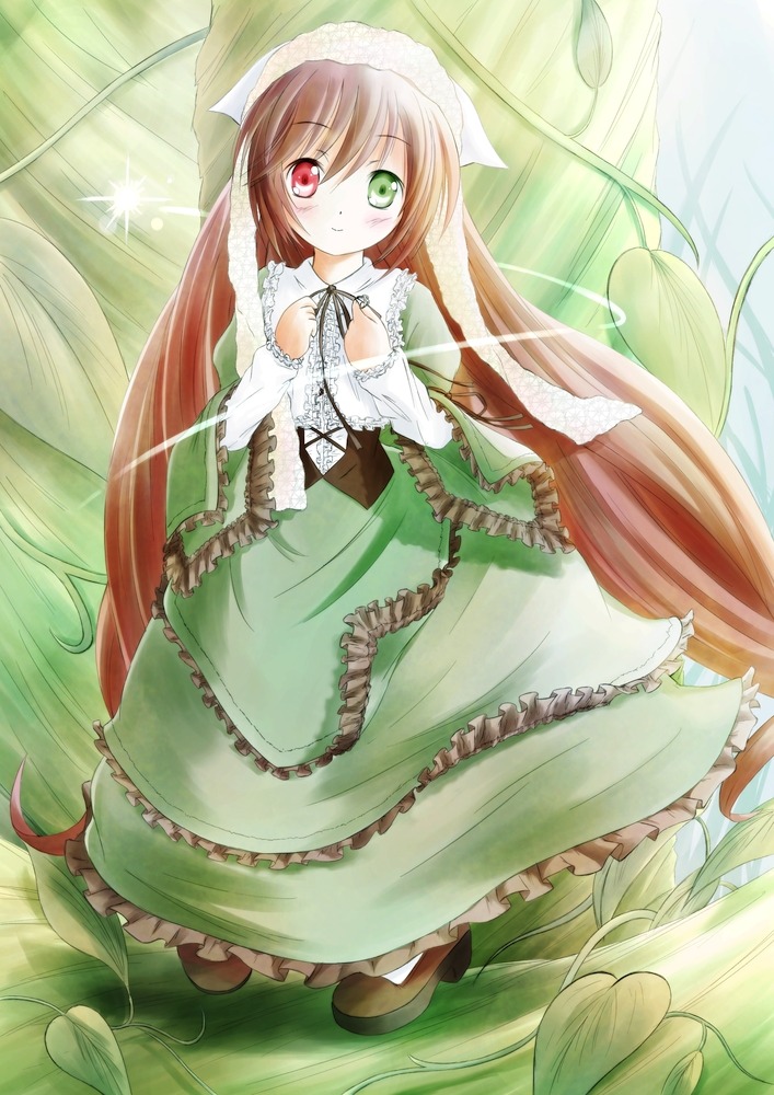 1girl brown_hair corset dress frills full_body green_dress green_eyes head_scarf heterochromia image long_hair long_sleeves looking_at_viewer plant red_eyes smile solo standing suiseiseki very_long_hair watering_can