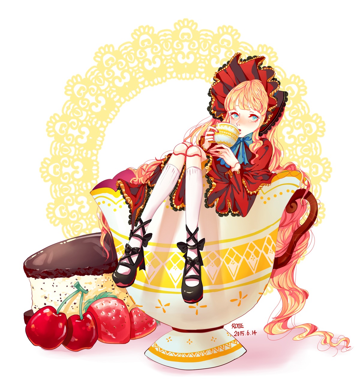 1girl bangs black_footwear blonde_hair blue_eyes blush bonnet bow cup dress drill_hair food fruit image kneehighs long_hair long_sleeves looking_at_viewer red_dress shinku shoes sitting solo strawberry very_long_hair white_legwear