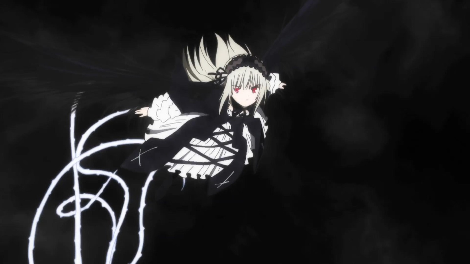 1girl black_ribbon dress flower frilled_sleeves frills hairband image lolita_fashion lolita_hairband long_hair long_sleeves looking_at_viewer red_eyes ribbon silver_hair solo suigintou twintails wide_sleeves