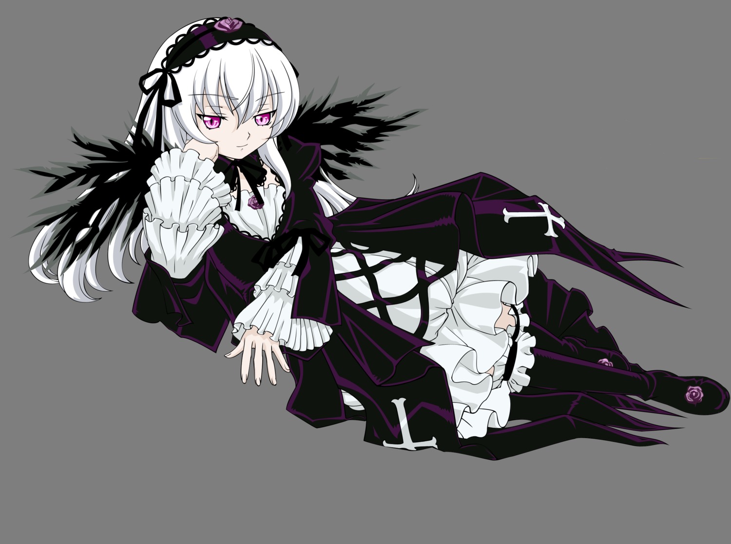 1girl black_wings boots dress frills full_body hairband image long_hair long_sleeves looking_at_viewer pink_eyes ribbon silver_hair smile solo suigintou thighhighs transparent_background wings