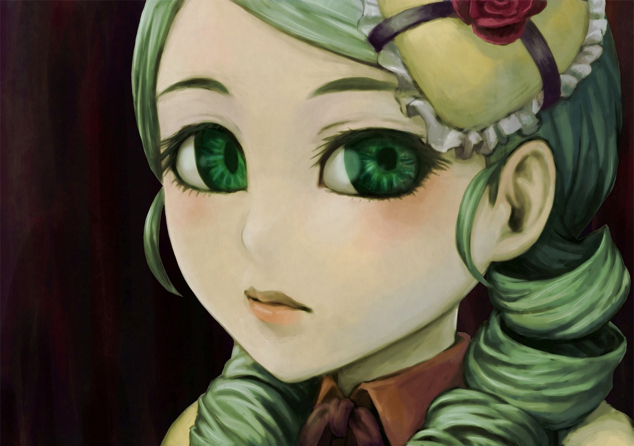 1girl face flower green_eyes green_hair image kanaria lips lipstick looking_at_viewer portrait red_flower red_rose rose solo