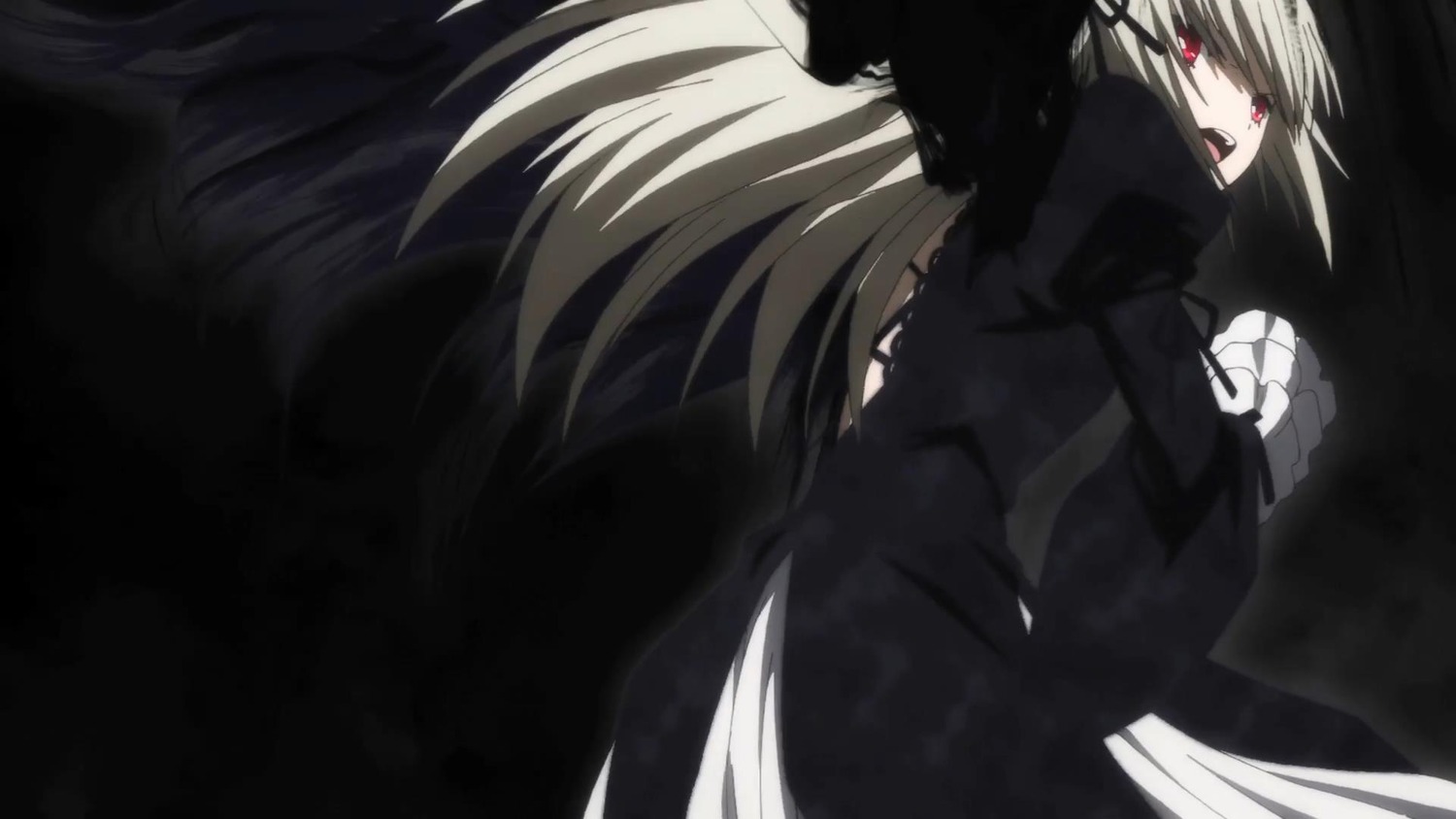 1girl black_dress black_wings dress image long_hair long_sleeves looking_at_viewer open_mouth red_eyes simple_background solo suigintou very_long_hair wings