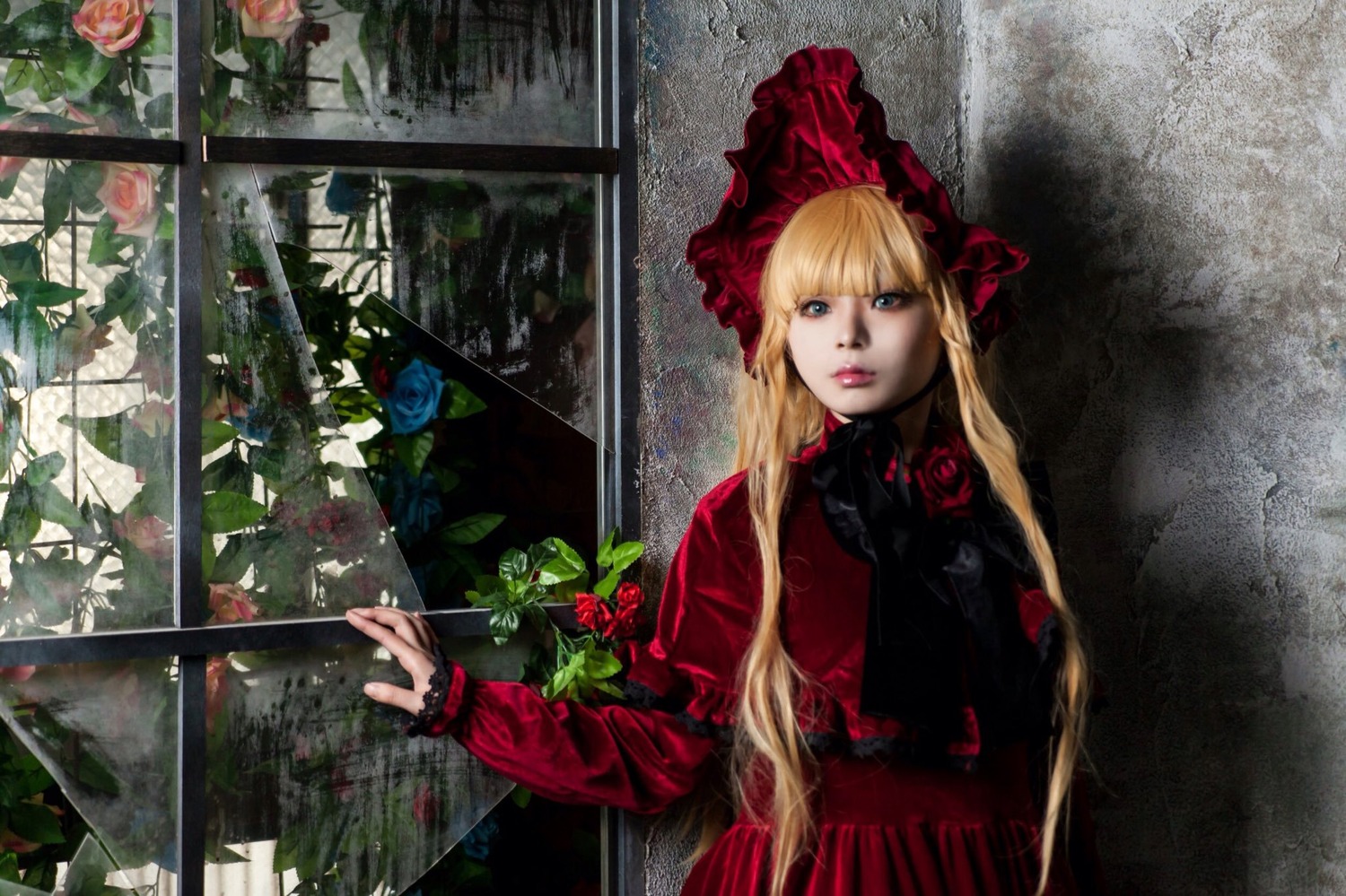 1girl blonde_hair blue_eyes dress flower lips long_hair long_sleeves looking_at_viewer rain red_dress rose shinku solo