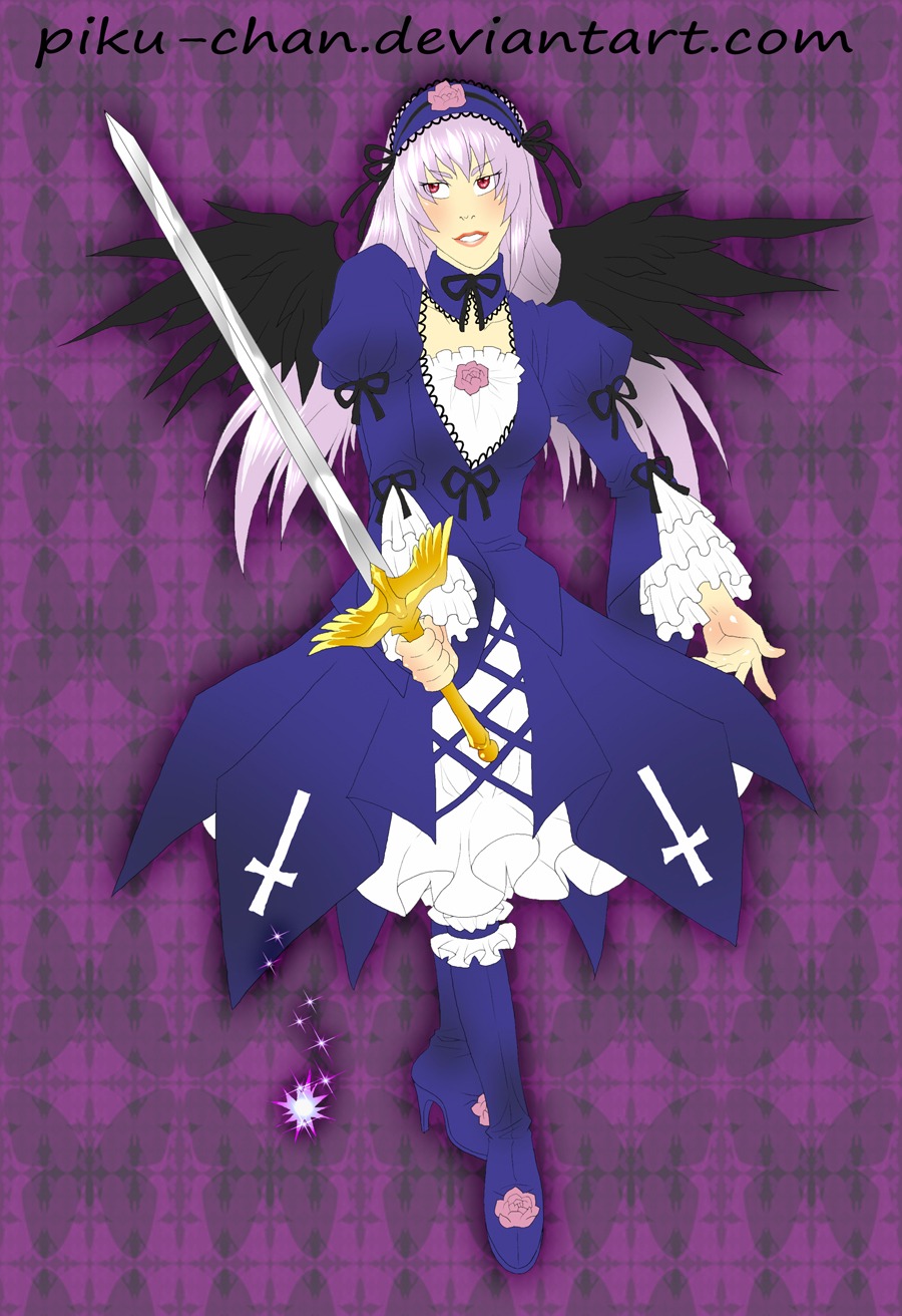 1girl black_wings boots detached_collar dress flower frilled_sleeves frills full_body hairband image long_hair long_sleeves looking_at_viewer purple_background red_eyes silver_hair solo standing suigintou sword weapon wings