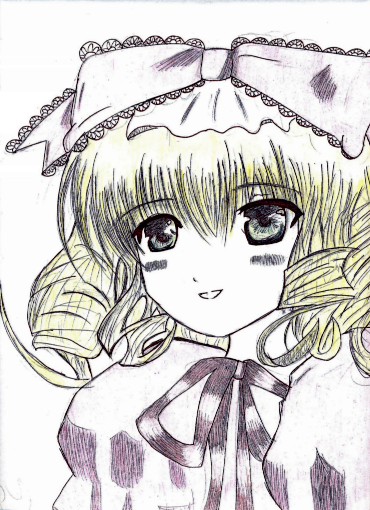 1girl blush drill_hair eyebrows_visible_through_hair graphite_(medium) hat hinaichigo image looking_at_viewer monochrome ribbon simple_background smile solo traditional_media white_background