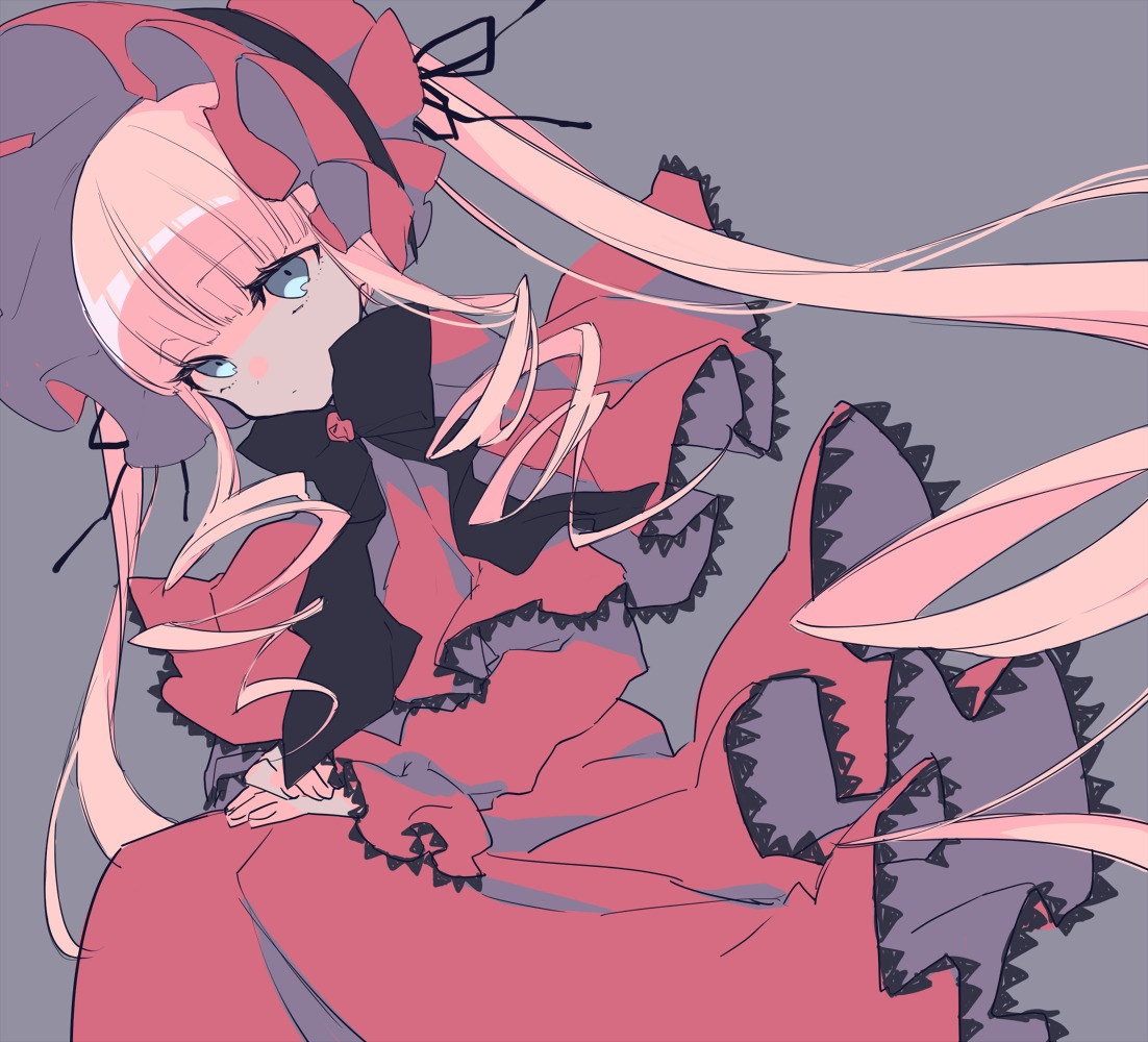 1girl bangs blue_eyes blunt_bangs bow capelet closed_mouth dress eyebrows_visible_through_hair frills grey_background image lolita_fashion long_hair long_sleeves looking_at_viewer pink_hair red_dress shinku simple_background solo twintails very_long_hair