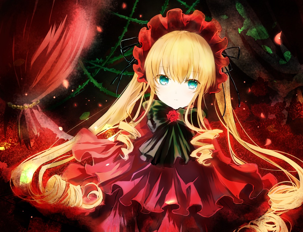 1girl blonde_hair blue_eyes bow bowtie capelet dress flower green_bow image long_hair long_sleeves looking_at_viewer red_capelet red_dress rose shinku solo twintails very_long_hair