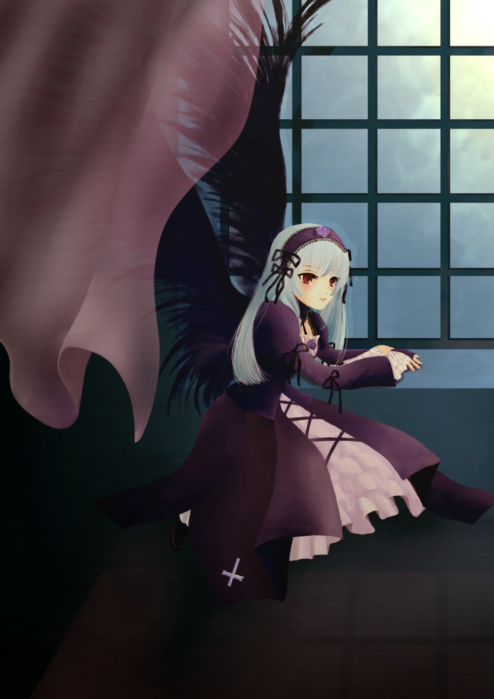 1girl bangs black_wings blush closed_mouth dress eyebrows_visible_through_hair flower frills hairband image long_hair long_sleeves looking_at_viewer red_eyes ribbon rose silver_hair solo standing suigintou very_long_hair window wings