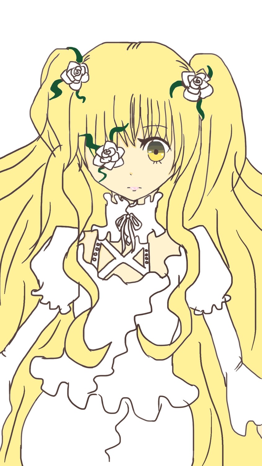 1girl blonde_hair doll_joints dress eyepatch flower frills hair_flower hair_ornament image kirakishou long_hair puffy_short_sleeves puffy_sleeves rose short_sleeves simple_background solo two_side_up very_long_hair white_background white_flower white_rose yellow_eyes