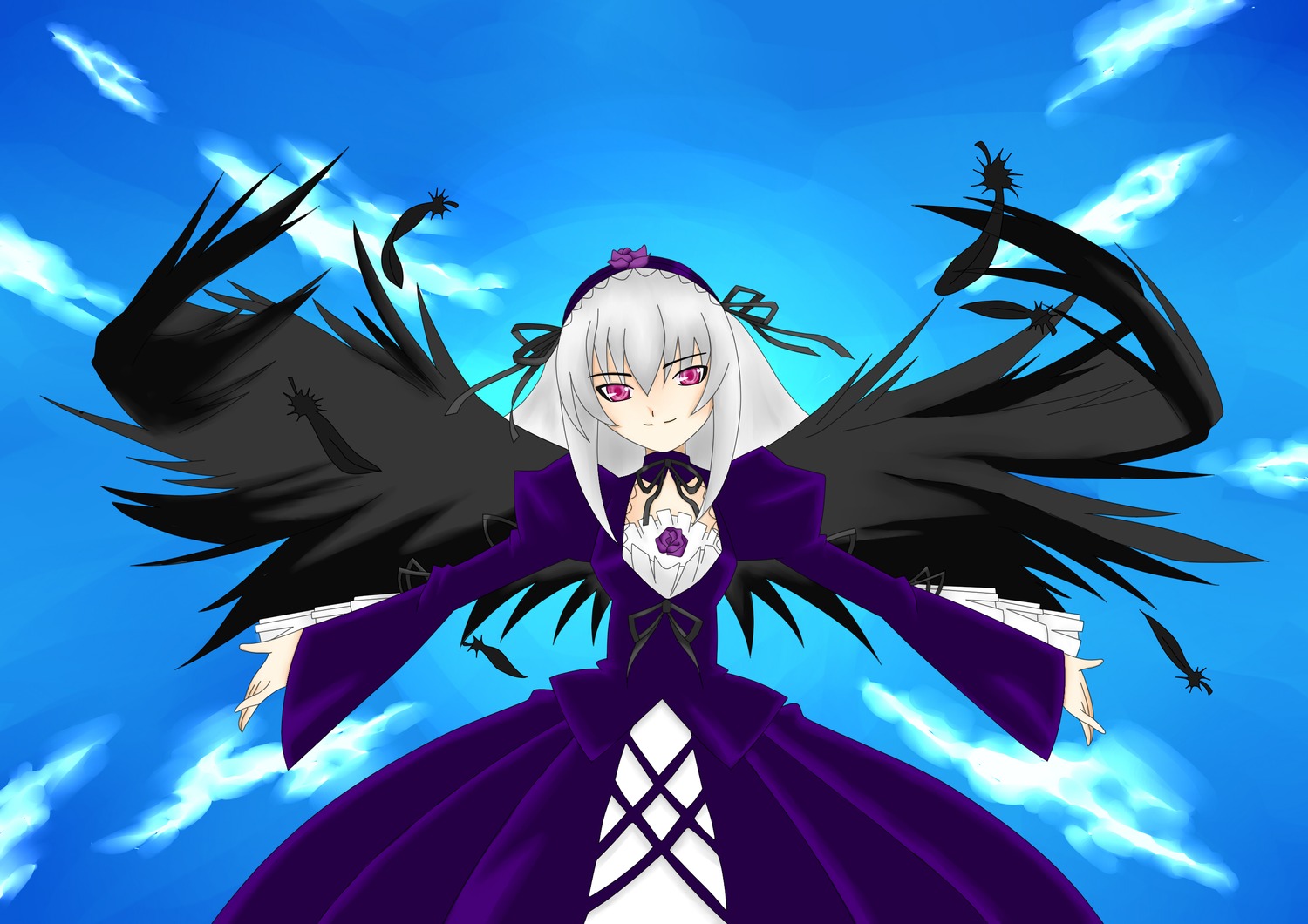 1girl black_wings blue_sky cloud day detached_collar dress feathers flower flying frills hairband image long_hair long_sleeves looking_at_viewer pink_eyes silver_hair sky smile solo suigintou wings