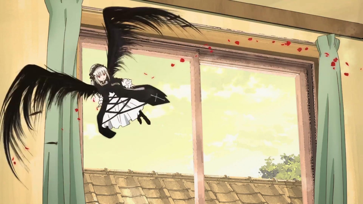 1girl black_wings blood closed_eyes curtains dress flower hairband image long_hair long_sleeves petals rose silver_hair solo suigintou window wings