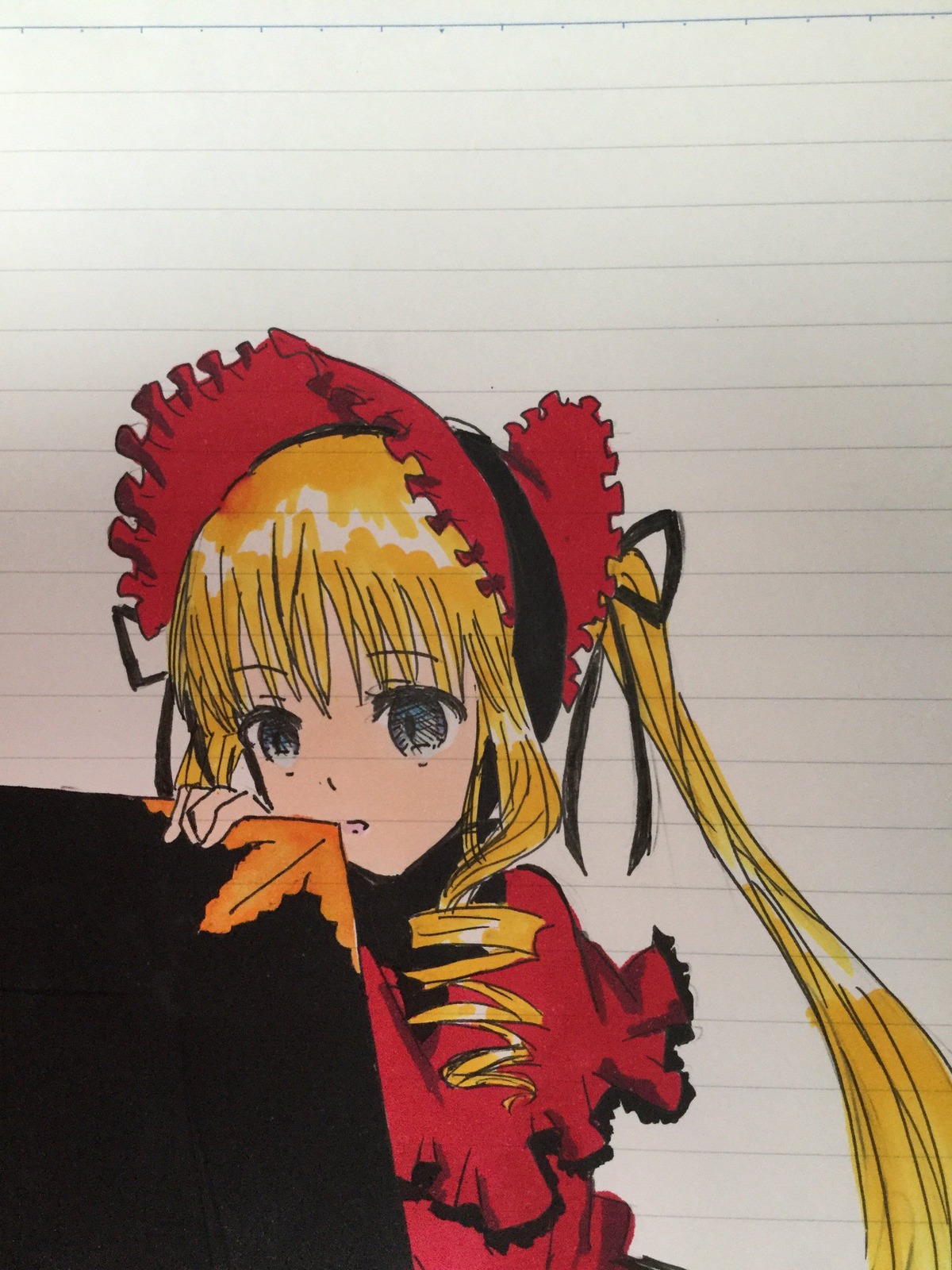 1girl blonde_hair blush bonnet bow dress drill_hair frills image long_hair long_sleeves looking_at_viewer red_dress shinku simple_background solo twintails