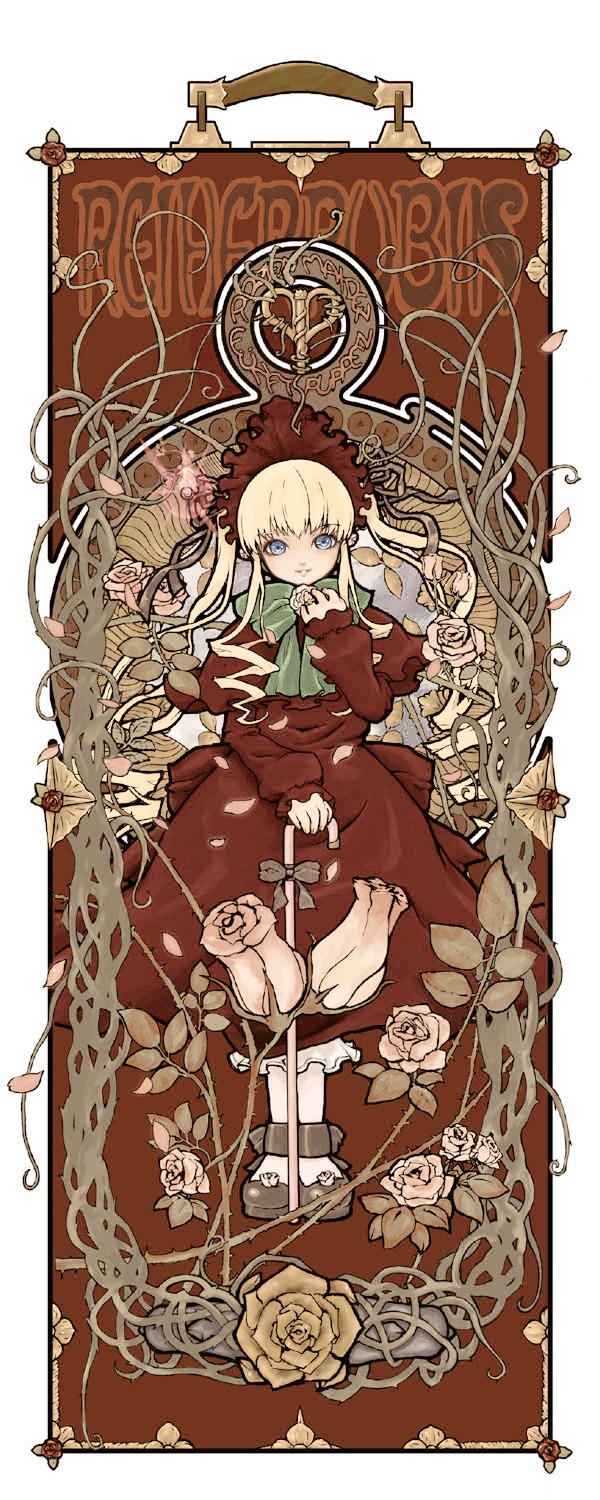 1girl art_nouveau barefoot blonde_hair blue_eyes bonnet bow cane commentary_request dress drill_hair flower fujinozu highres image long_hair long_sleeves looking_at_viewer plant red_dress rose rozen_maiden shinku solo twintails vines