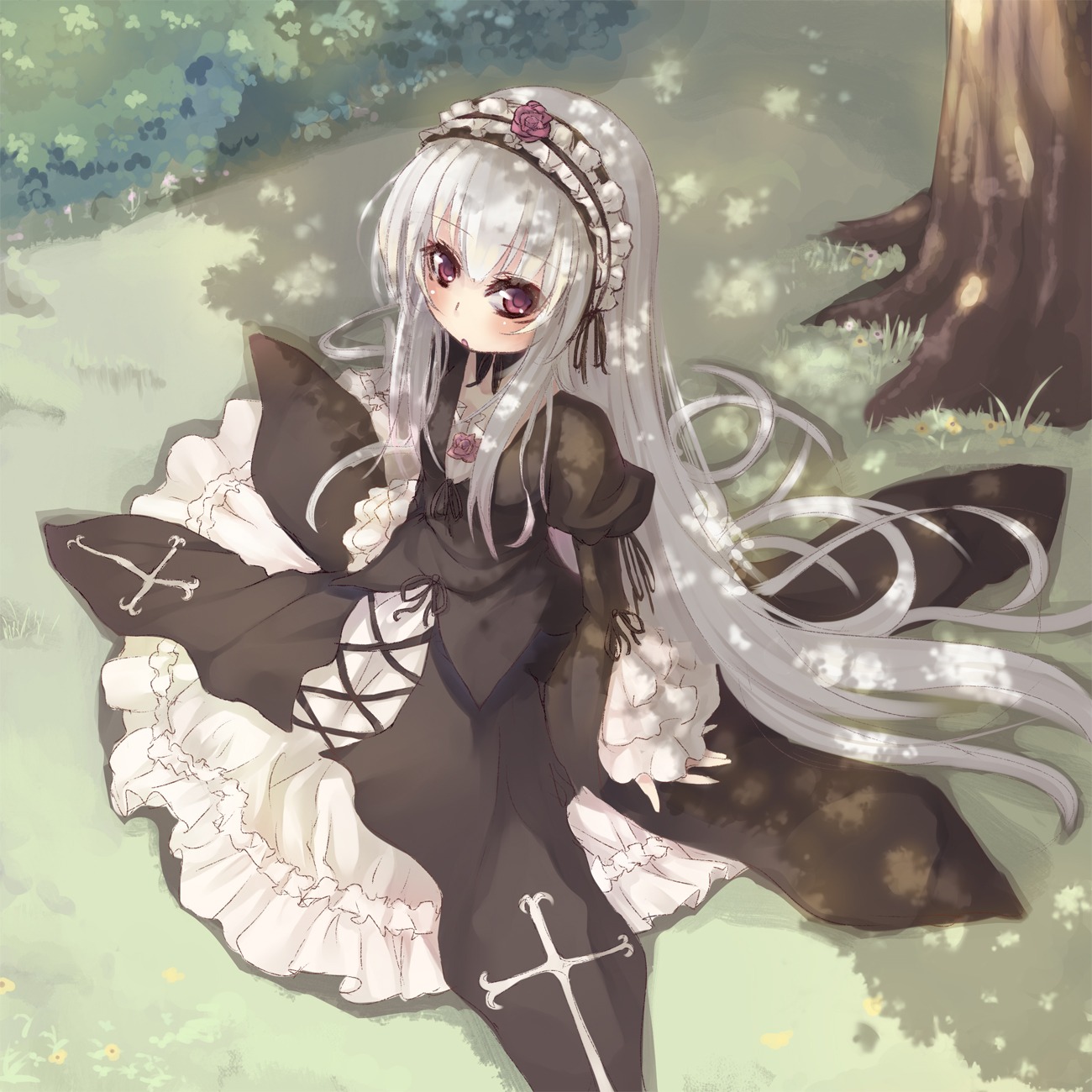 1girl asa_(swallowtail) bangs black_dress blush commentary_request cross dress eyebrows_visible_through_hair flower frills gothic_lolita grass hair_between_eyes hairband highres image lolita_fashion lolita_hairband long_hair long_sleeves looking_at_viewer on_grass outdoors photoshop_(medium) red_eyes rozen_maiden silver_hair sitting solo suigintou tree very_long_hair wings