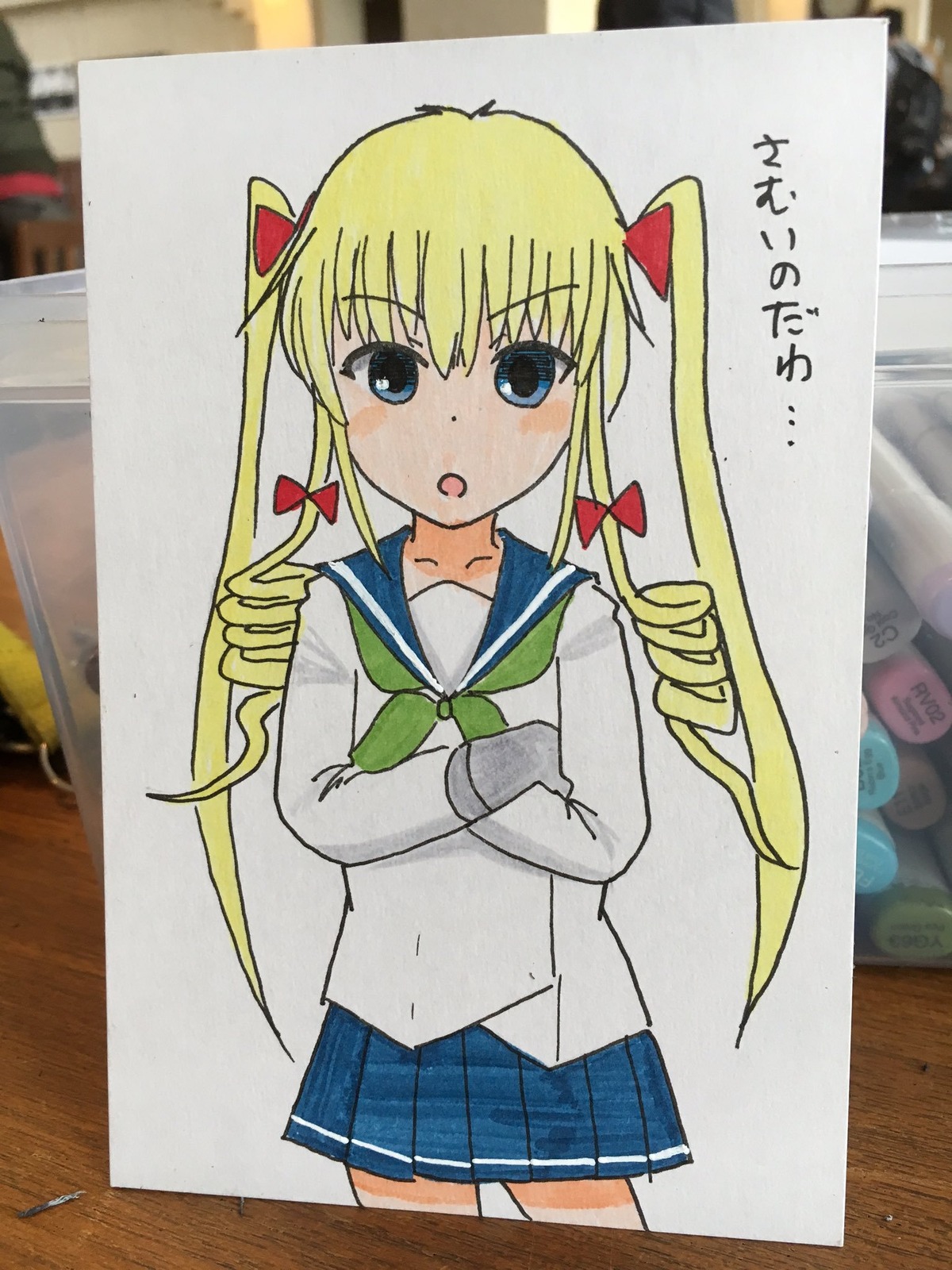 1girl :o blonde_hair blue_eyes blush bow drill_hair eyebrows_visible_through_hair hair_bow image long_hair looking_at_viewer marker_(medium) open_mouth photo pleated_skirt school_uniform serafuku shinku skirt solo traditional_media twintails