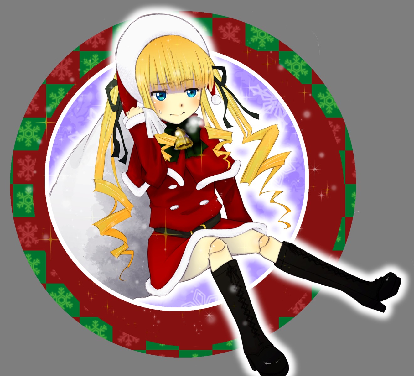 1girl blonde_hair blue_eyes blush boots christmas drill_hair hat image knee_boots long_hair looking_at_viewer sack santa_costume shinku solo twin_drills twintails