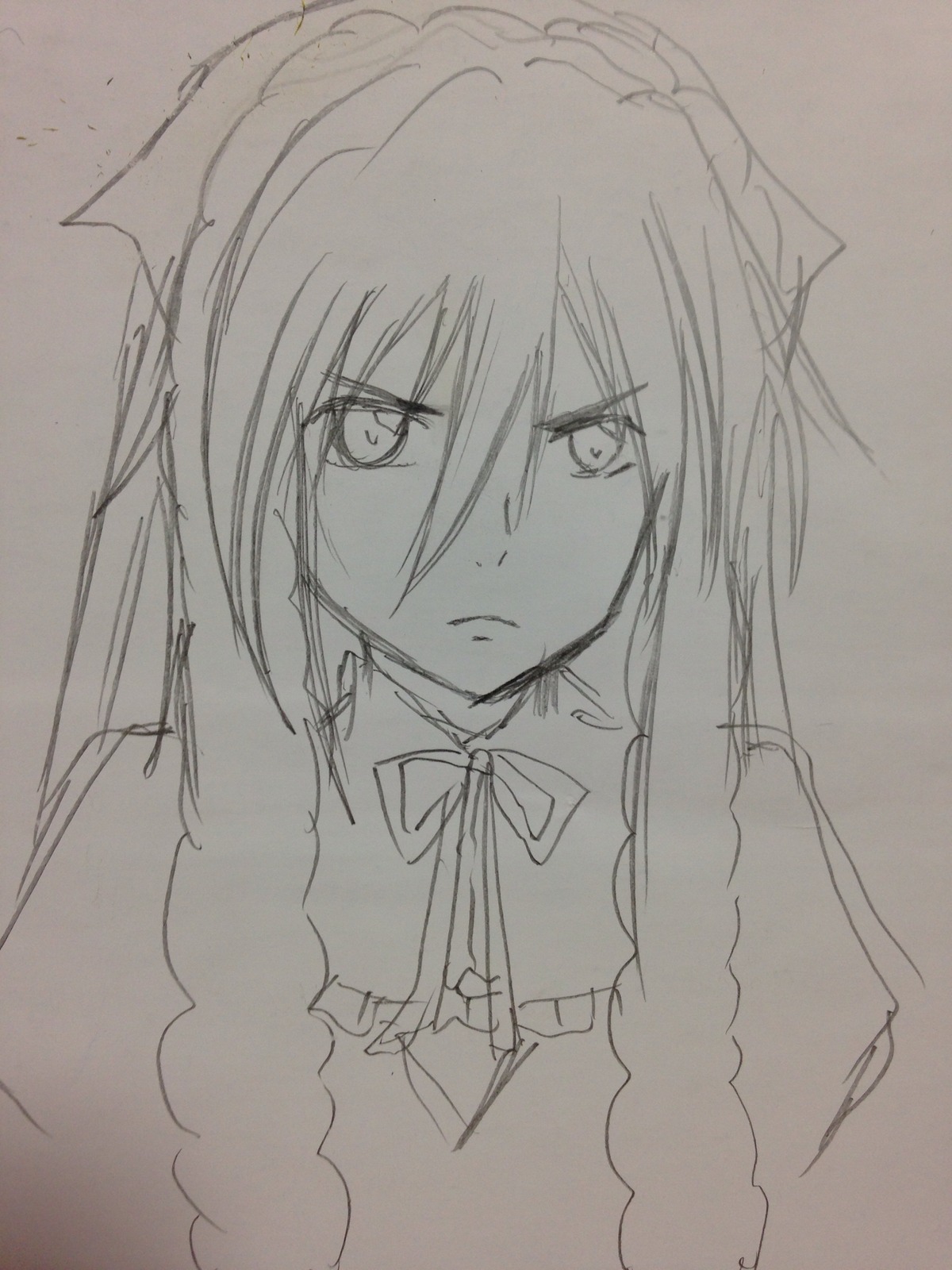 1girl bow expressionless image lineart long_hair looking_at_viewer monochrome ribbon sketch solo suiseiseki traditional_media upper_body