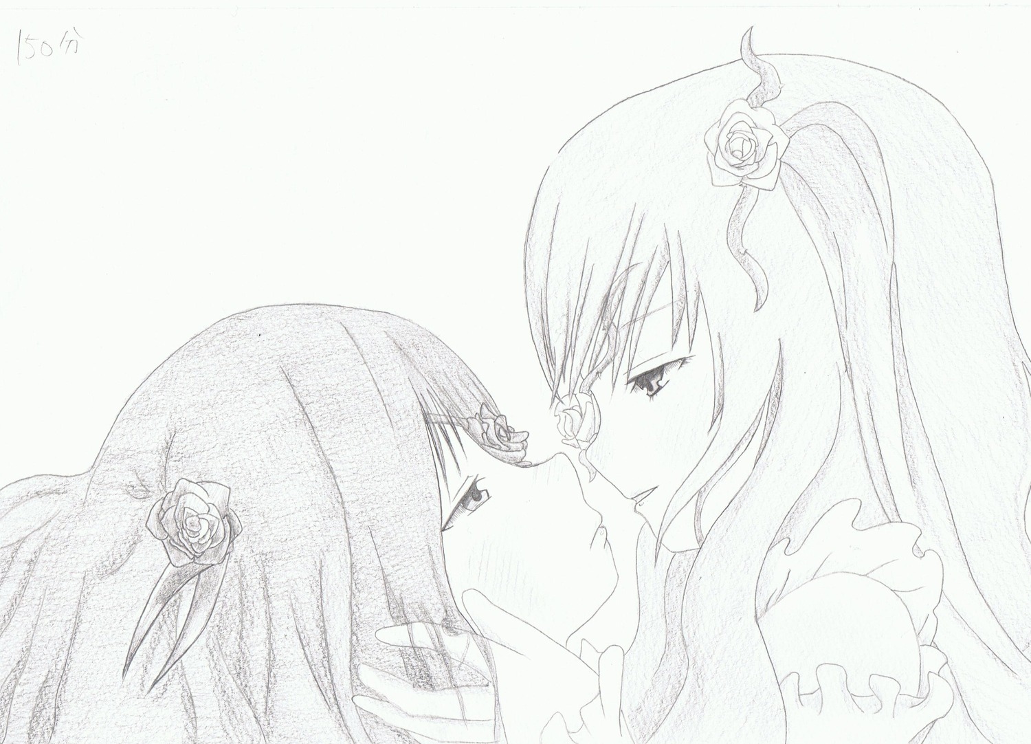 2girls barasuishou blush eye_contact flower greyscale hair_flower hair_ornament image kirakishou long_hair looking_at_another monochrome multiple_girls pair rose yuri