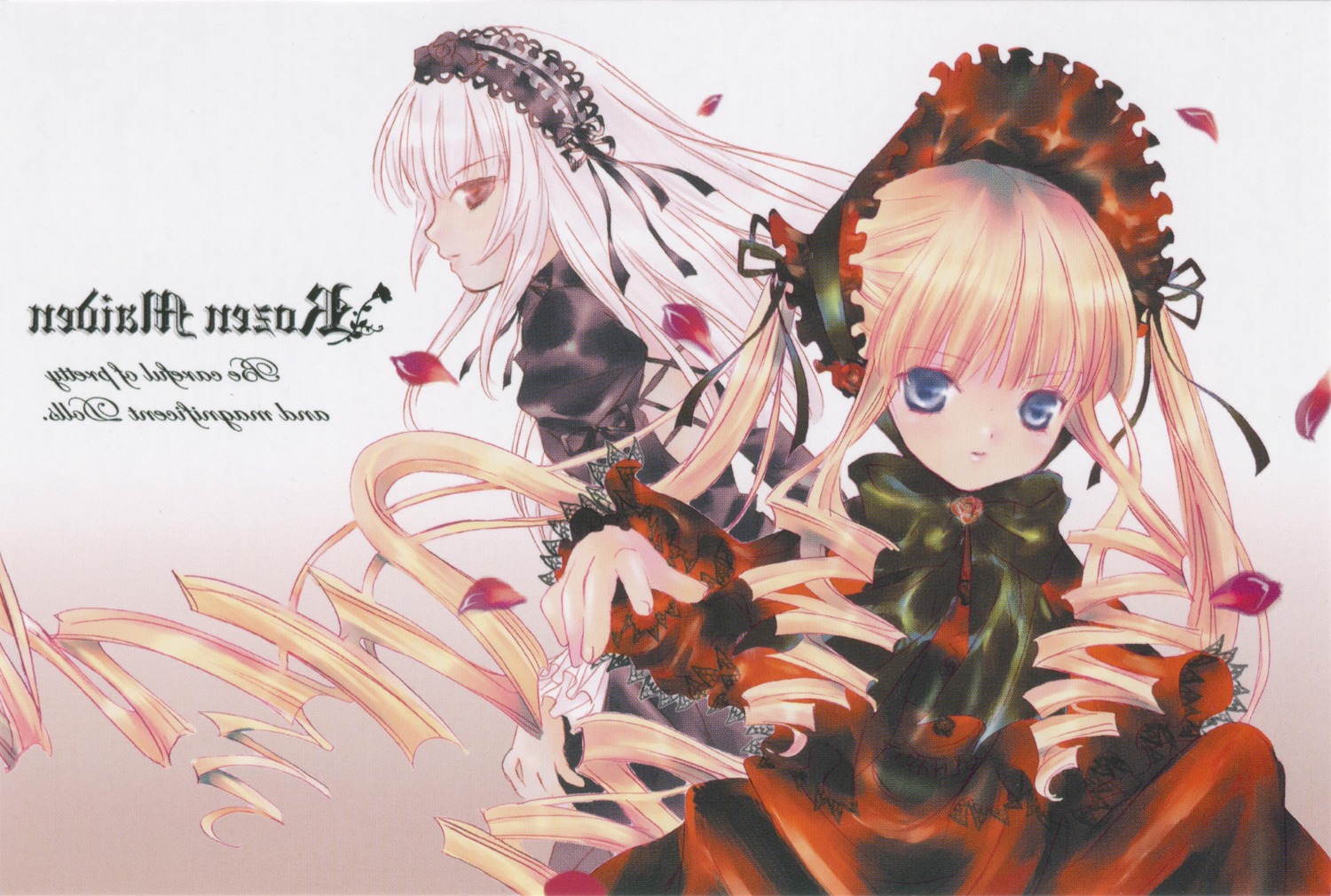 2girls blonde_hair blue_eyes dress flower frills hairband image long_hair long_sleeves multiple_girls pair petals red_eyes rose shinku silver_hair suigintou twintails very_long_hair