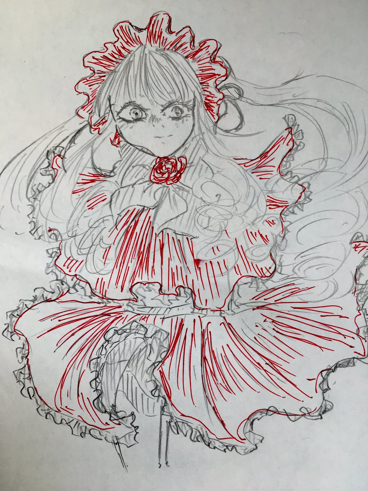 1girl bow dress frills image long_hair looking_at_viewer monochrome photo shinku sketch solo traditional_media